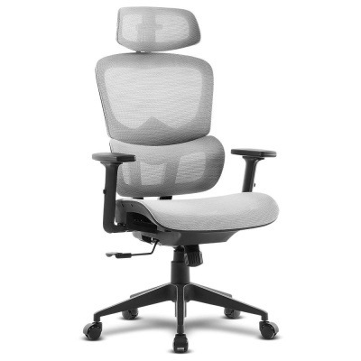 Cadeira de escritório ergonómica cinzenta com apoio de cabeça e rodas