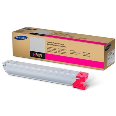 Cartucho de toner magenta Samsung M809 com embalagem castanha e detalhe rosa
