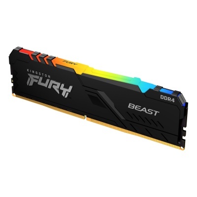 Módulo de memória RAM preto com iluminação RGB e texto Kingston FURY BEAST DDR4