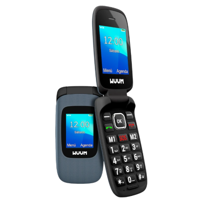 Telefone móvel flip WUUM azul e preto com ecrã colorido e teclado grande
