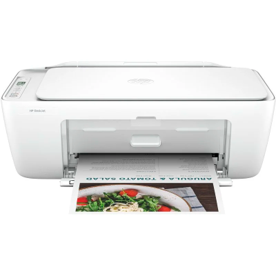 Impressora HP DeskJet branca a imprimir folheto colorido