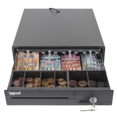 Gaveta metálica preta para dinheiro aberta com moedas e notas de euro