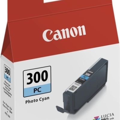 Embalagem do tinteiro Canon 300 PC Photo Cyan em vermelho, branco e azul