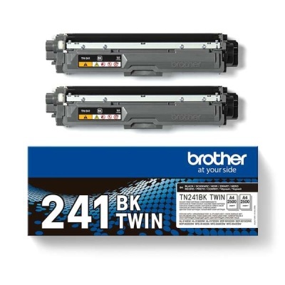 Dois toners Brother TN-241BK pretos e caixa azul com texto 241 BK TWIN para impressora