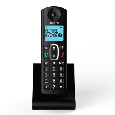 Telefone sem fios Alcatel preto com visor azul e base de carregamento