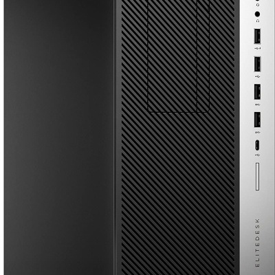 Computador de secretária HP EliteDesk preto e cinza com várias portas frontais