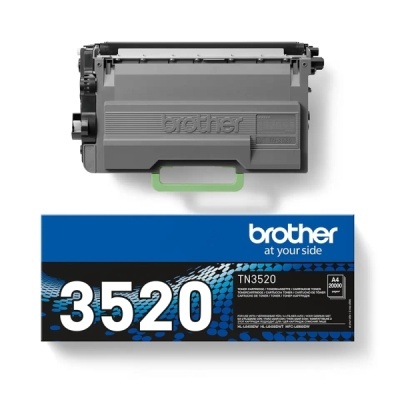 Cartucho toner Brother TN3520 e caixa azul e preta