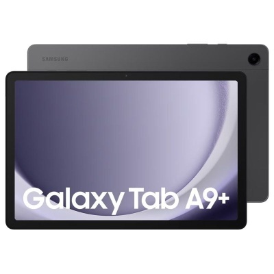 Tablet Samsung Galaxy Tab A9+ cinza escuro com ecrã frontal e câmara traseira