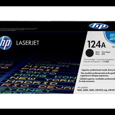Caixa de toner HP LaserJet 124A Q6000A preta com texto multilingue e padrão de letras coloridas