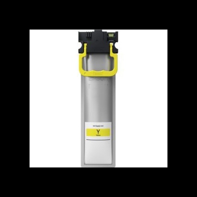 Cartucho de tinta amarelo para impressora com etiqueta e estrutura cinza, preta e amarela