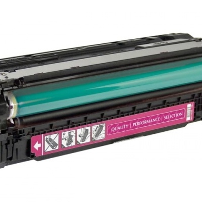 Cartucho de toner preto com componente verde e etiqueta rosa