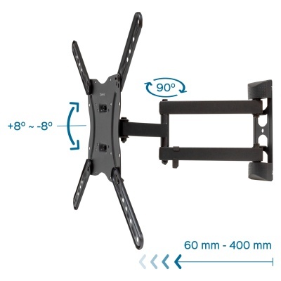 Suporte de parede articulado para TV em metal preto com indicação de ajuste