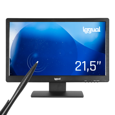 Monitor preto Iggual 21,5 polegadas com ecrã digital azul e cabo preto apontando para o ecrã
