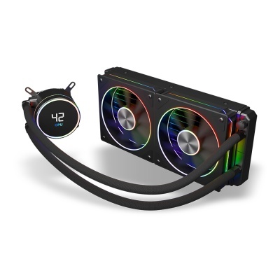 Sistema de refrigeração líquida para CPU com dois ventiladores iluminados RGB e display digital com temperatura.