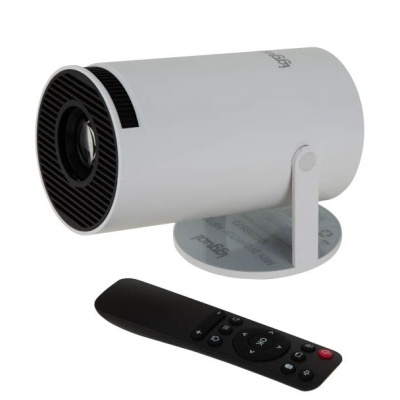 Projetor portátil branco com base redonda e telecomando preto