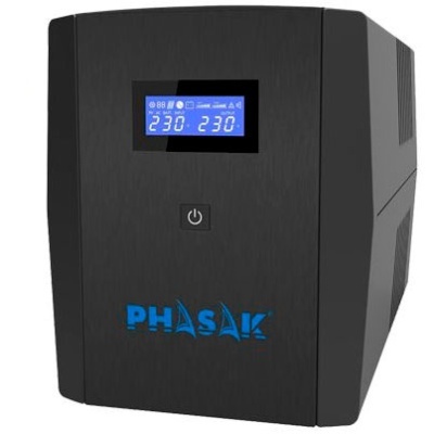 Estabilizador de tensão PHASAK preto com ecrã digital azul