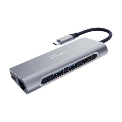 Hub USB-C cinzento com múltiplas portas em fundo branco