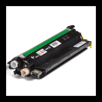 Toner de impressora preto com cilindro verde e etiquetas com códigos em branco e preto