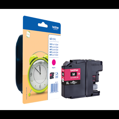 Cartucho de tinta Brother LC125XL-M magenta com embalagem e imagem de relógio verde