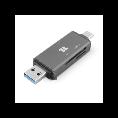 Leitor de cartões USB cinza escuro com USB-A e USB-C