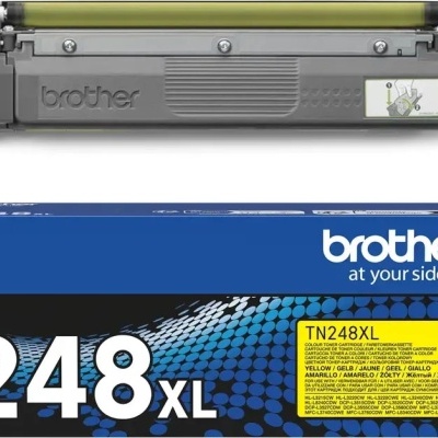 Cartucho de toner amarelo Brother TN248XL e embalagem azul com texto