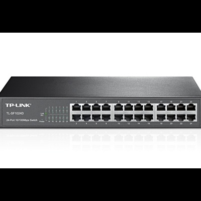 Switch de rede TP-LINK 24 portas Ethernet preto e metálico.