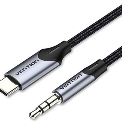 Cabo preto com USB Tipo C e jack 3.5mm da marca VENTION