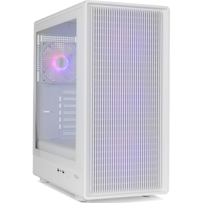 Torre de computador branca com painel lateral em vidro e ventilador LED