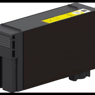 Cartucho de tinta preto para impressora com etiqueta amarela e código QR