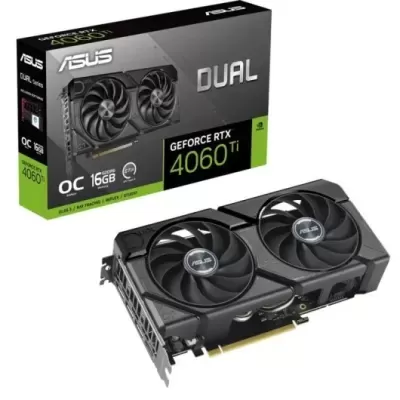 Placa gráfica ASUS DUAL GeForce RTX 4060 Ti com ventiladores duplos e caixa colorida