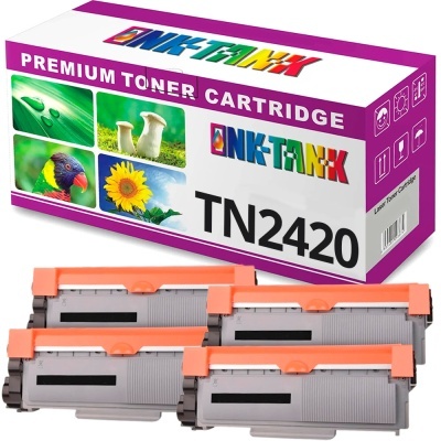 Cartuchos de toner cinzentos com detalhes laranja e embalagem INK-TANK roxa e branca