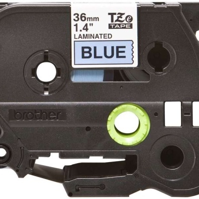 Cartucho de fita laminada preta com etiqueta azul e verde