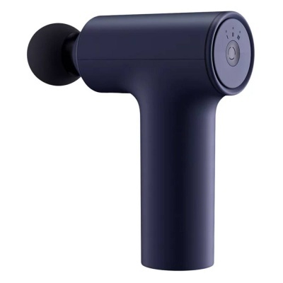 Massageador portátil azul escuro com ponta preta e botões circulares