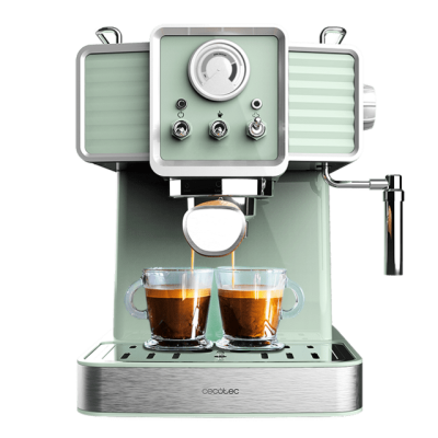 Máquina de café expresso verde clara com dois copos de vidro a encher com café