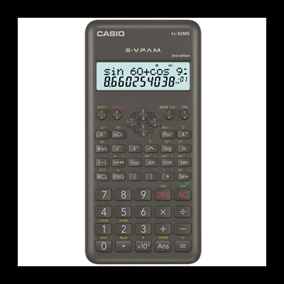 Calculadora científica cinzenta escura CASIO fx-82MS com ecrã e botões