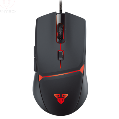Rato de computador preto com detalhes vermelhos e logotipo FANTECH