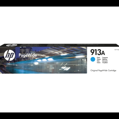 Embalagem de cartucho de impressora HP PageWide 913A ciano com imagem de comboio
