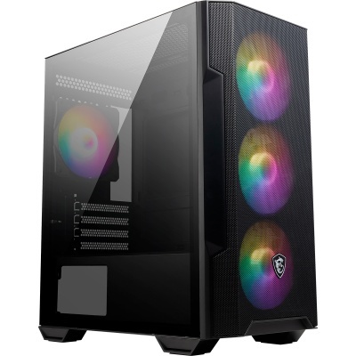 Computador de secretária preto com ventoinhas RGB coloridas visíveis na frente em malha metálica e lateral em vidro temperado.