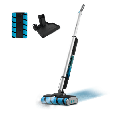 aspirador vertical sem fios branco e preto com depósito azul e acessórios