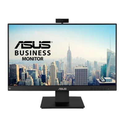 Monitor ASUS Business preto com imagem de cidade e webcam integrada