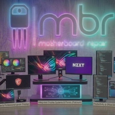Exposição de vários tipos de monitores e painéis para diferentes usos e cadeiras NZXT