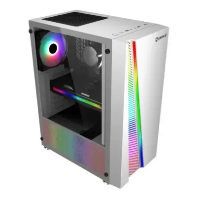 Computador de secretária branco com iluminação RGB e painel lateral em vidro