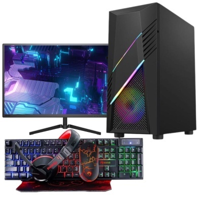 Computador gaming preto com monitor, teclado retroiluminado, rato colorido, auscultadores e tapete.