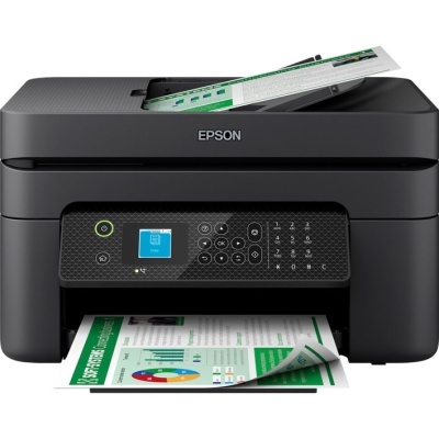 Impressora Epson preta multifunções com painel digital e impressão de documento colorido