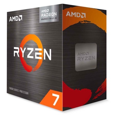 Caixa do processador AMD Ryzen 7 série 5000 com design preto e detalhes laranja