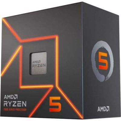 Caixa preta de processador AMD Ryzen 5 com textos e padrões laranja