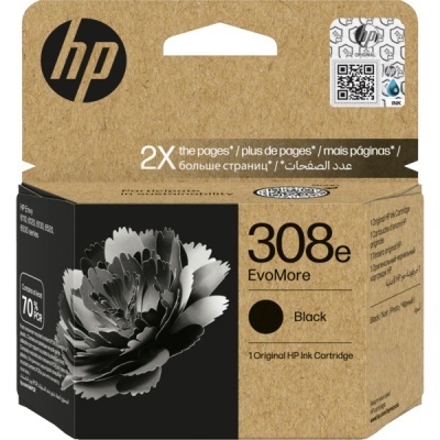 Embalagem castanha de cartucho de tinta HP 308e preta com imagem de flor e texto