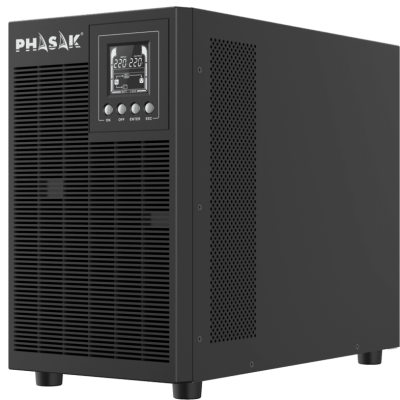 Estabilizador de tensão preto com visor digital e botões de controlo.