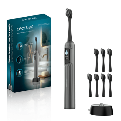 Escova de dentes elétrica cinza com 8 recargas e base, embalagem azul Cecotec