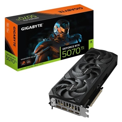 Placa gráfica Gigabyte GeForce RTX 5070 Ti preta com caixa laranja e preta com imagem de um soldado futurista